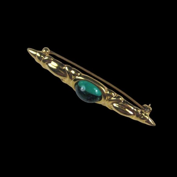 Monet Bar Brooch Pin Goldtone Green Glass Cabachon Vintage STYLE - Picture 6 of 10